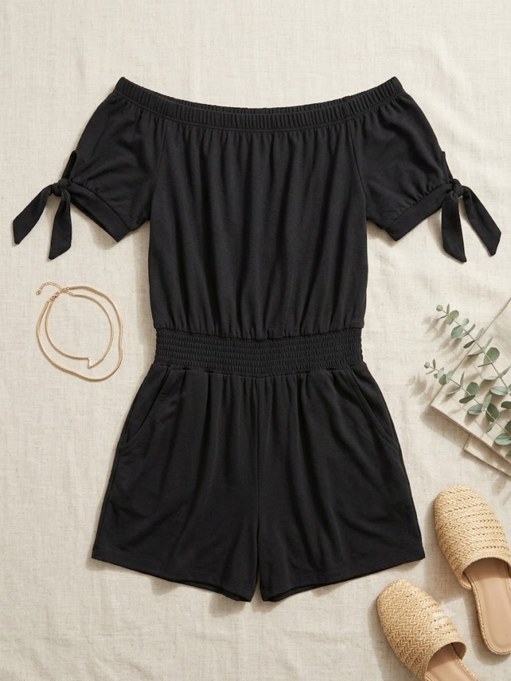 Derek Heart Black Off-Shoulder Tie Sleeve Romper Boho Romantic Coastal